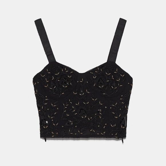 Zara Tops - ZARA black beaded & sequins embellished cropped cami top women's size small